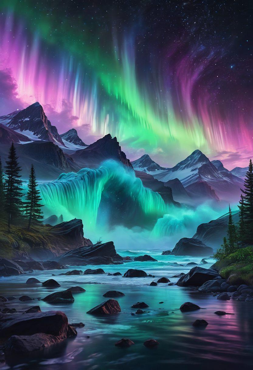 A mesmerizing scene depicting a vibrant aurora over a digital landscape, representing the Aurora Concept in content creation. Include flowing waves of colorful light merging with dynamic digital elements like pixels and text blocks. Surround it with creative tools such as cameras, tablets, and artistic brushes, showcasing innovation in content. Emphasize a sense of inspiration and transformation. super-realistic. vibrant colors. 3D.