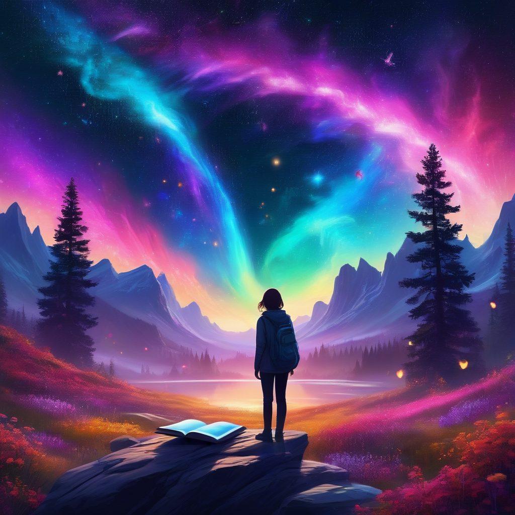 A whimsical digital landscape filled with vibrant auroras lighting up the sky, where a person interacts with a glowing digital journal pulsating with colorful energy. Elements like floating pages, ethereal creatures, and a cosmic backdrop enhance the sense of adventure. Include a dreamy palette with magical accents. painting. vibrant colors. 3D.