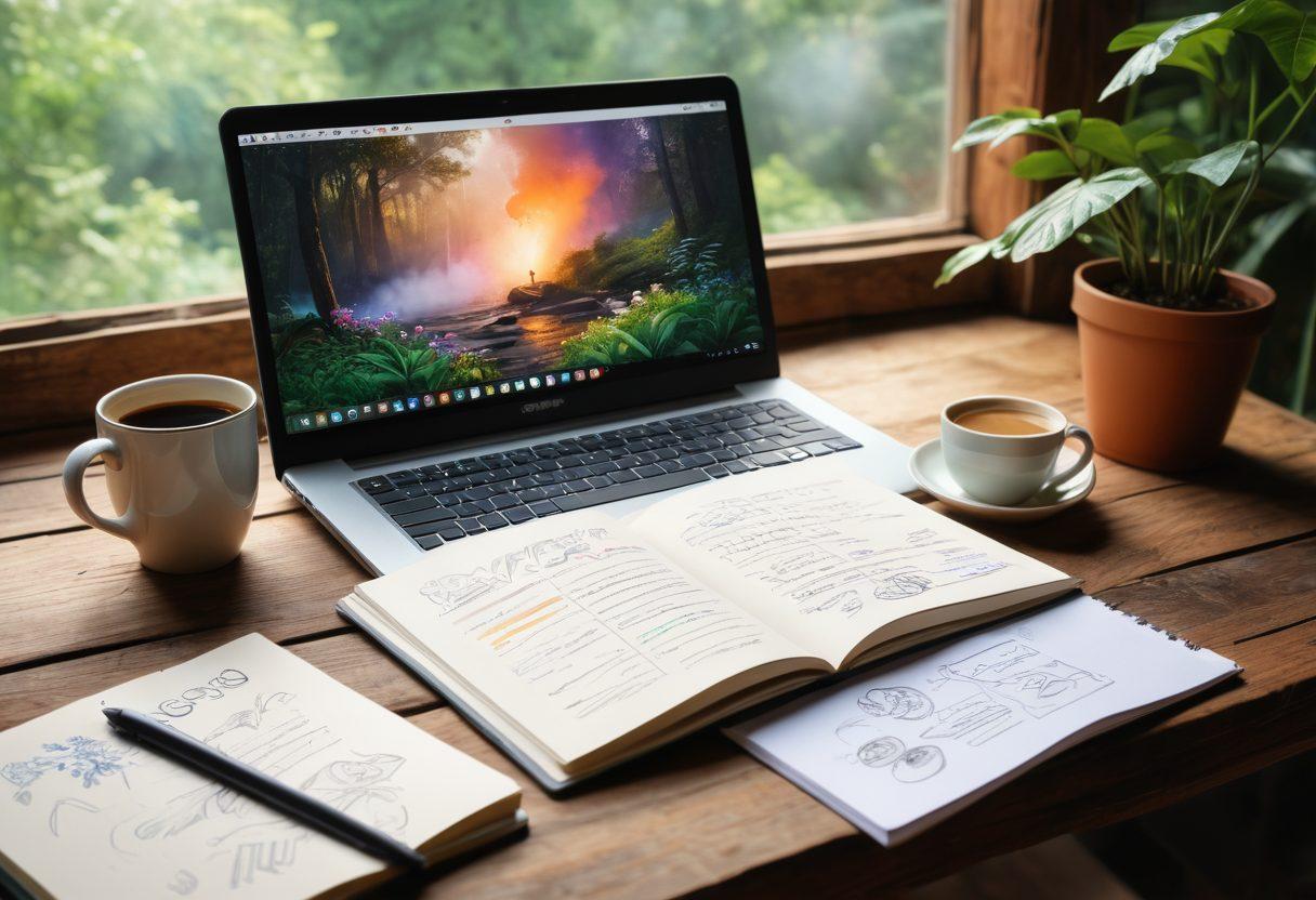 An inspiring open notebook with colorful sketches and notes on one side, and a laptop showing a vibrant blog design on the other. A cup of coffee with creative steam shapes floating above it, all placed on a rustic wooden table surrounded by lush greenery, conveying creativity and exploration. Soft morning light filters through the scene, enhancing a sense of adventure. super-realistic. vibrant colors. natural setting.